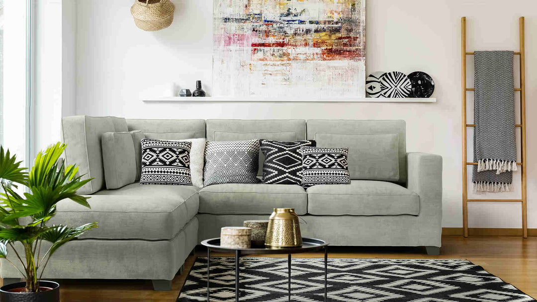 Scandinavian living room with Maison du Monde Milano sofa in Performance Weave Stone slipcover
