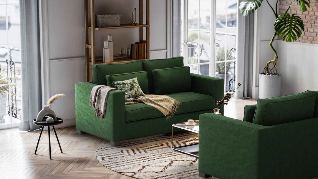 Nordic Minimalist living room with Maison du Monde Milano sofa in Classic Velvet Forest Green slipcover