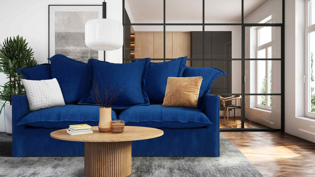 Modern living room with Maison du Monde Barcelone sofa in Classic Velvet Cobalt slipcover