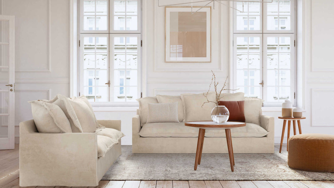 Modern Victorian living room with Maison du Monde Barcelone sofa in Performance Weave Cream slipcover