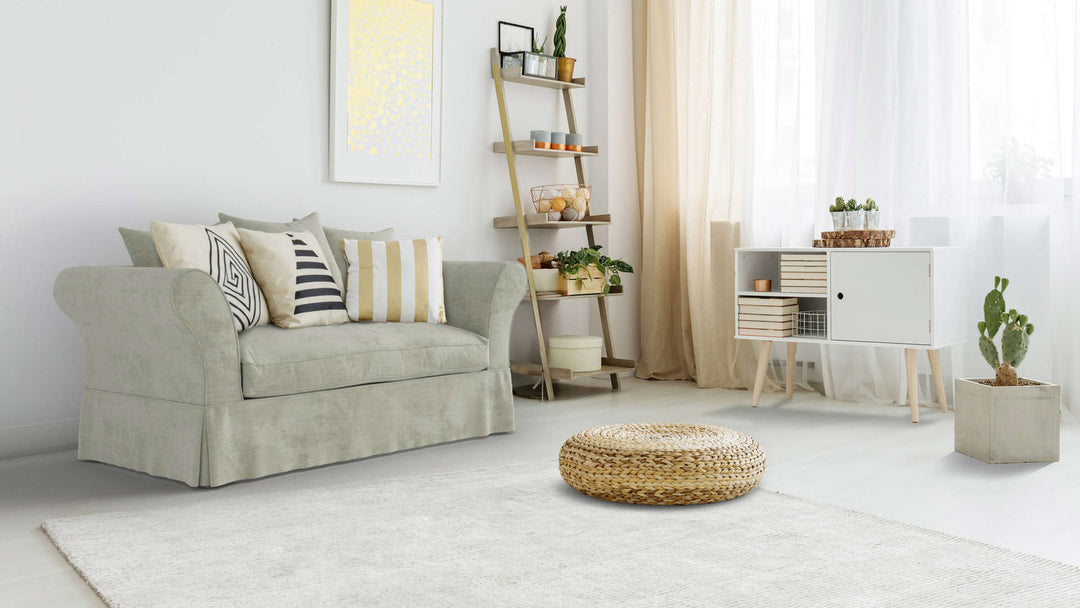 Bohemian living room with Maison du Monde Roma sofa in Performance Weave Stone fabric slipcover