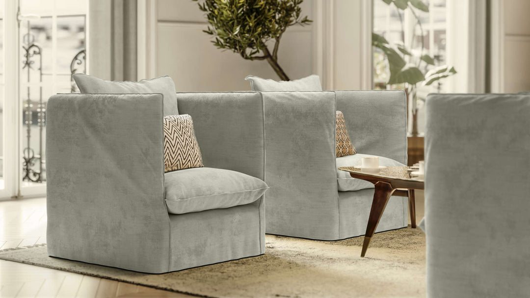 Scandinavian living room with Maison du Monde Louvain sofa in Performance Weave Stone slipcover