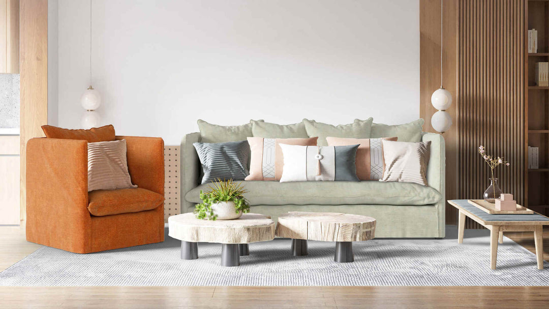 Modern living room with Maison du Monde Louvain sofa in Performance Weave Stone and Comfort Chenille Burnt Orange slipcover