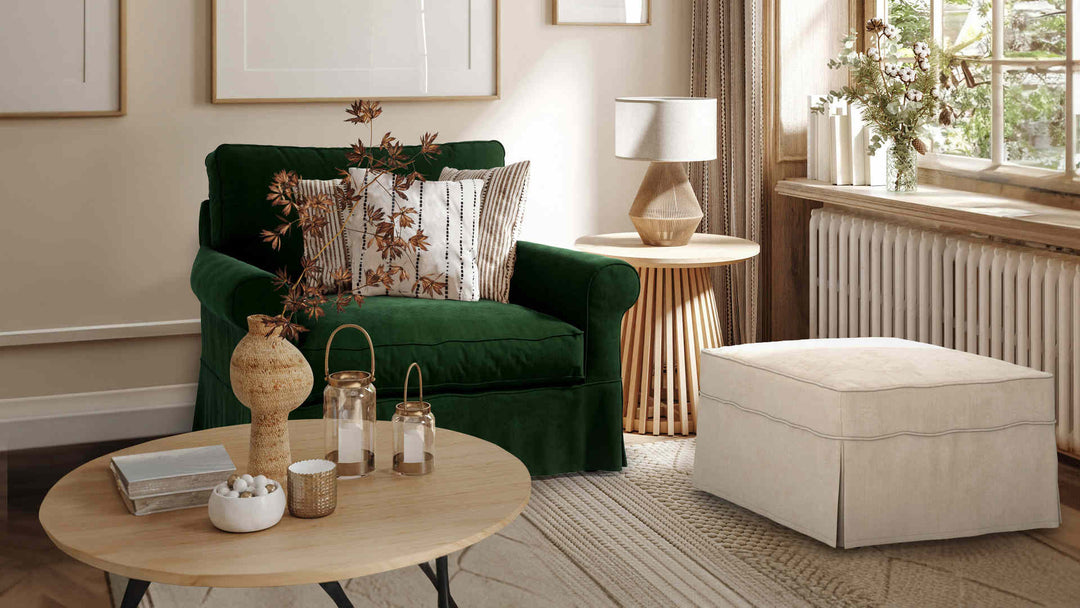 Nordic Minimalist living room with Arhaus Baldwin sofa in Classic Velvet Forest Green and Performance Weave Cream slipcover