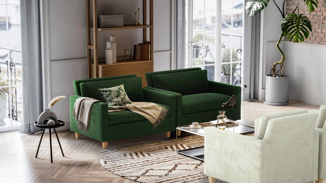 Nordic Minimalist living room with Habitat Chester sofa in Performance Weave Stone and Classic Velvet Forest Green slipcover