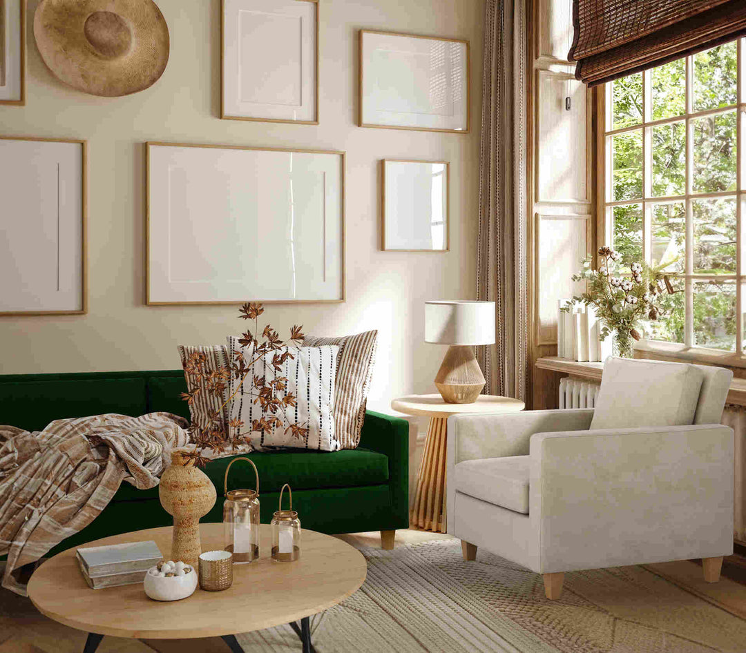 Nordic Minimalist living room with Habitat Chester sofa in Classic Velvet Forest Green and Performance Weave Cream slipcover