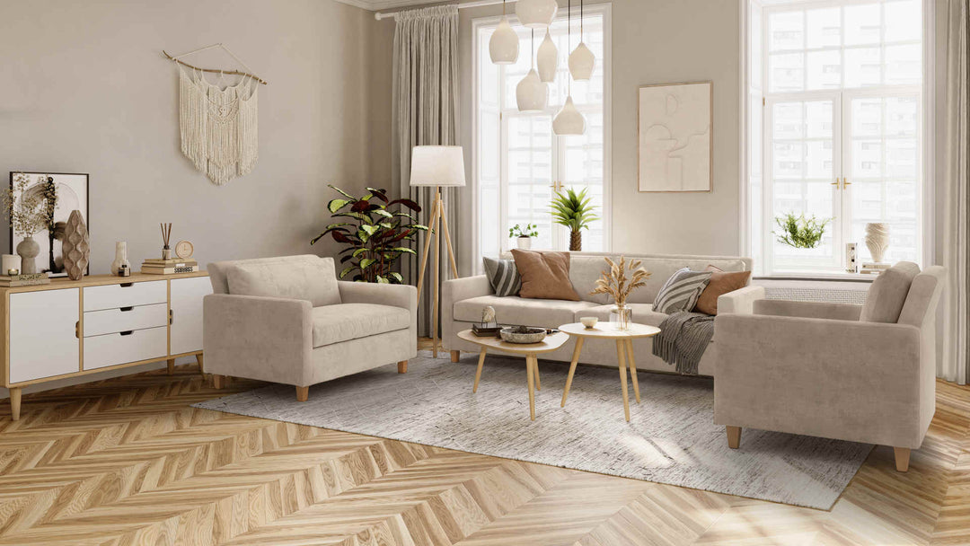 Scandinavian living room with Habitat Chester sofa in Performance Weave Cream slipcover