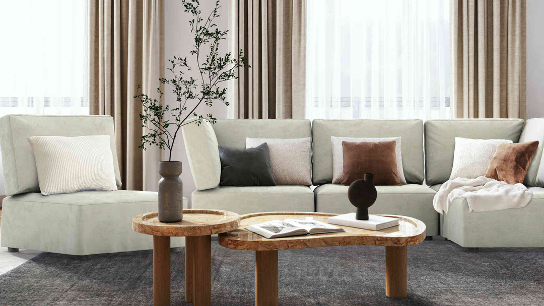 Modern living room with Habitat Reiko sofa in Performance Weave Stone slipcover