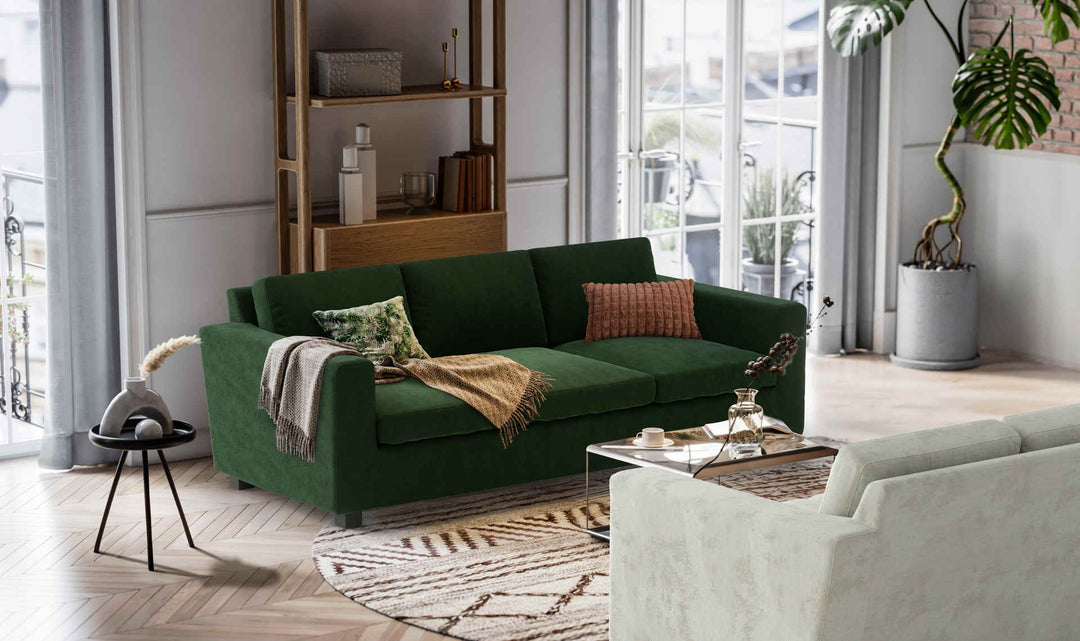 Nordic Minimalist living room with Habitat Utah sofa in Performance Weave Stone and Classic Velvet Forest Green slipcover