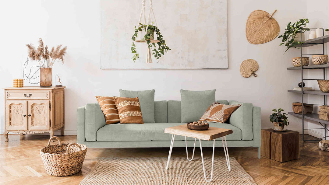 Scandinavian living room with Habitat Newman sofa in Performance Weave Stone slipcover