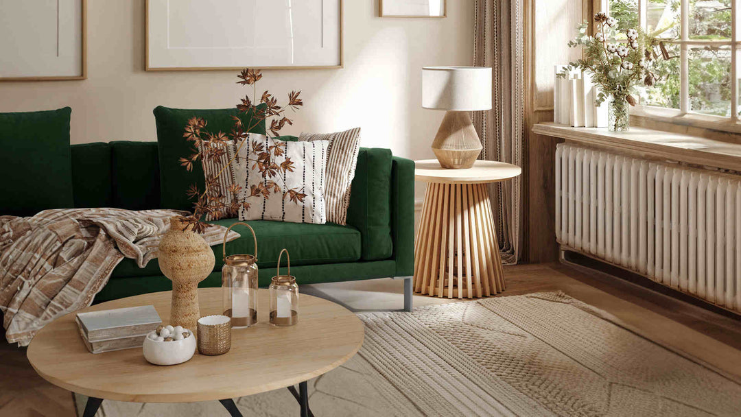 Nordic Minimalist living room with Habitat Newman sofa in Classic Velvet Forest Green slipcover