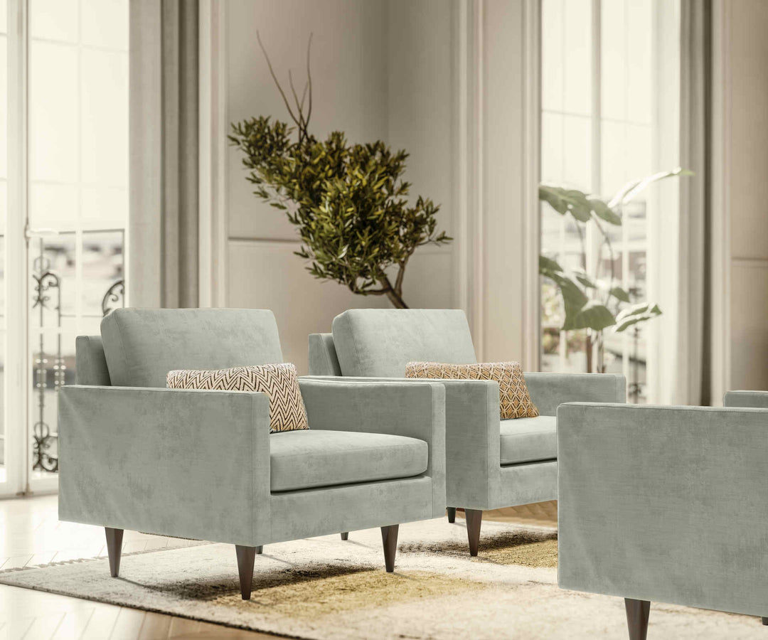 Scandinavian living room with Room and Board Jasper sofa in Performance Weave Stone slipcover