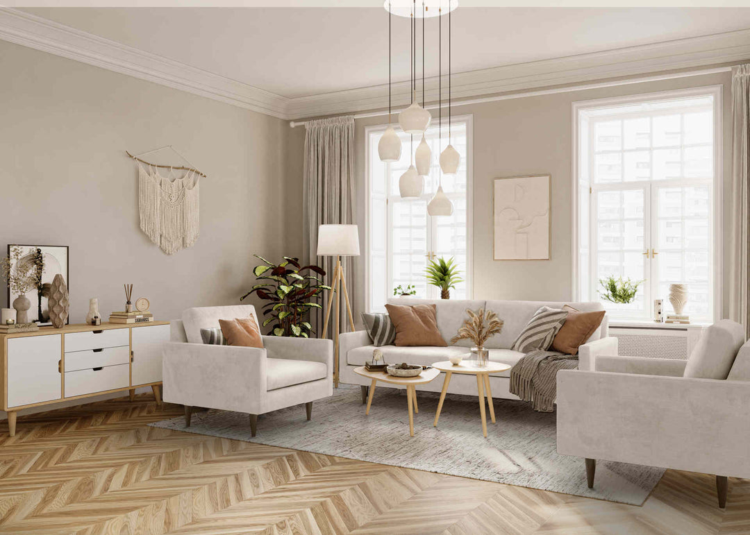 Scandinavian living room with Room and Board Jasper sofa in Performance Weave Cream slipcover