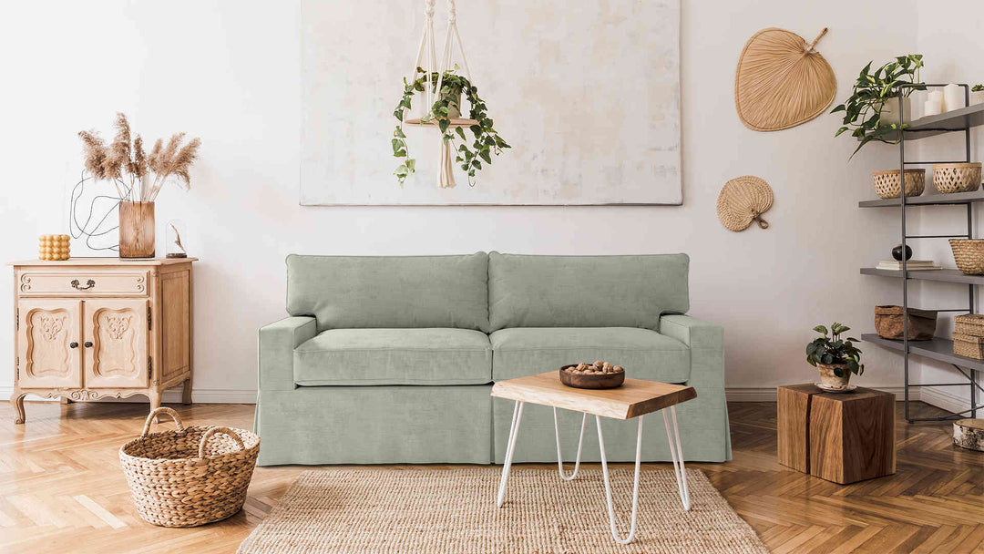 Scandinavian living room with Mitchell Gold + Bob Williams Alex II sofa in Performance Weave Stone slipcover