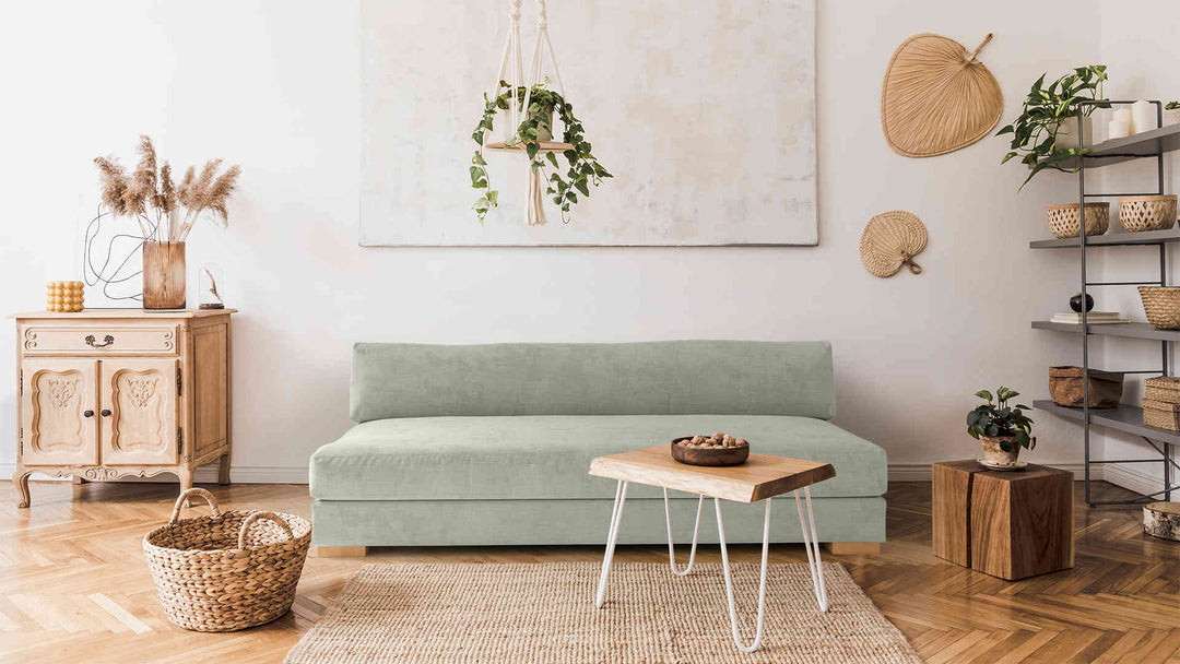 Scandinavian living room with CB2 Piazza sofa in Performance Weave Stone slipcover