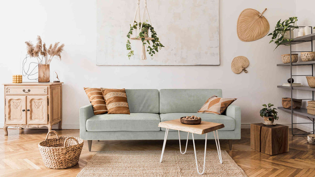 Scandinavian living room with Joybird Eliot sofa in Performance Weave Stone slipcover