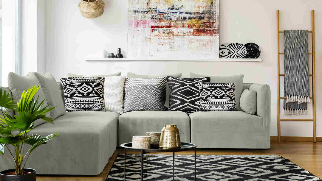 Scandinavian living room with Elbgestoeber Elbdock sofa in Performance Weave Stone slipcover