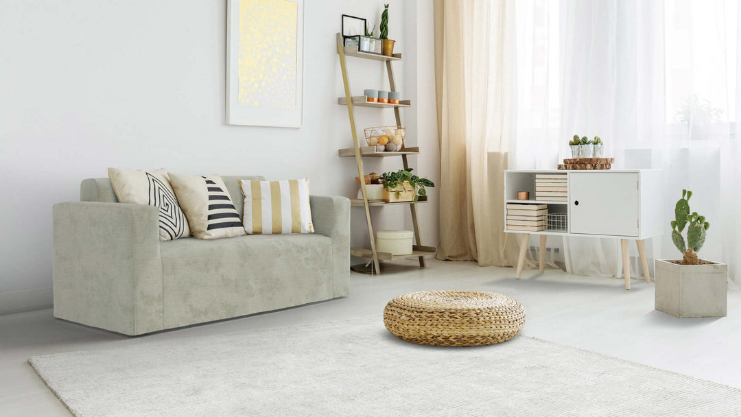 Bohemian living room with IKEA Klobo sofa in Performance Weave Stone fabric slipcover