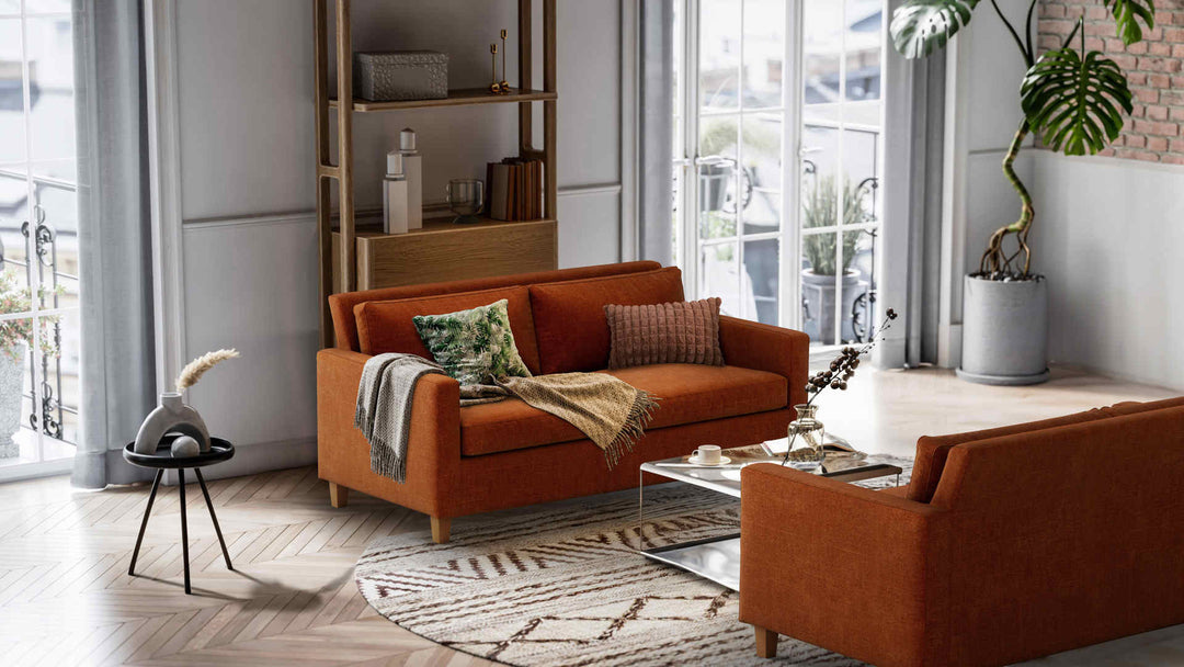 Nordic Minimalist living room with Habitat Chester sofa in Comfort Chenille Burnt Orange slipcover