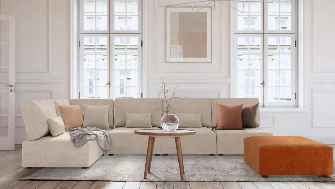Nordic Minimalist living room with Habitat Reiko sofa in Performance Weave Stone and Classic Velvet Forest Green slipcover