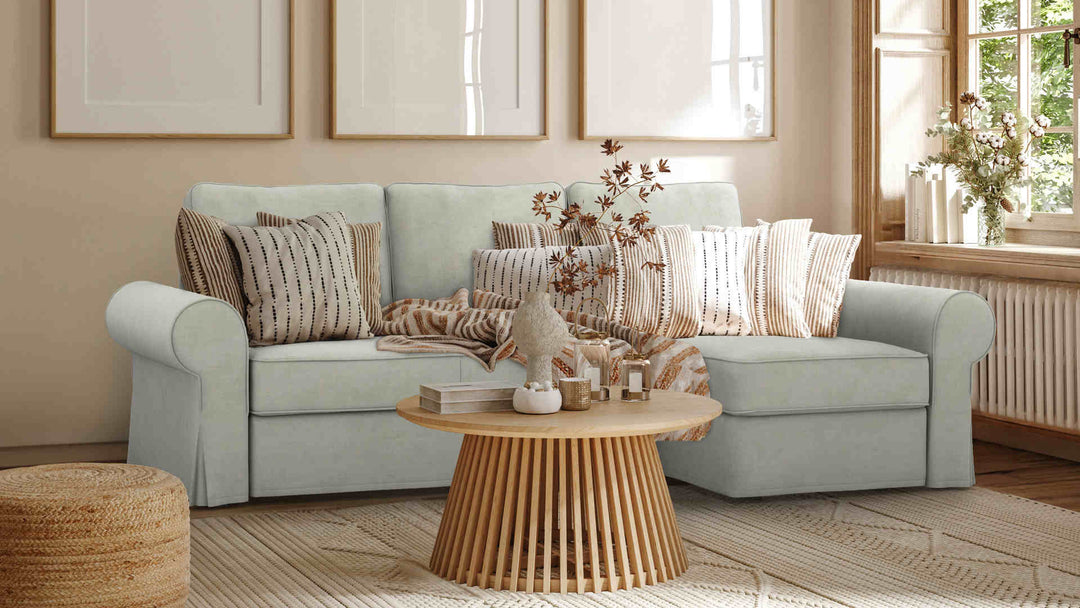 Nordic Minimalist living room with IKEA Backabro sofa in Performance Weave Stone slipcover