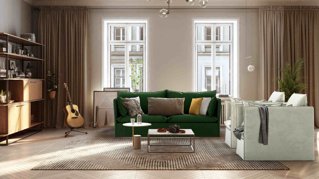 Scandinavian living room with IKEA Backsalen sofa in Classic Velvet Forest Green and Performance Weave Stone slipcover