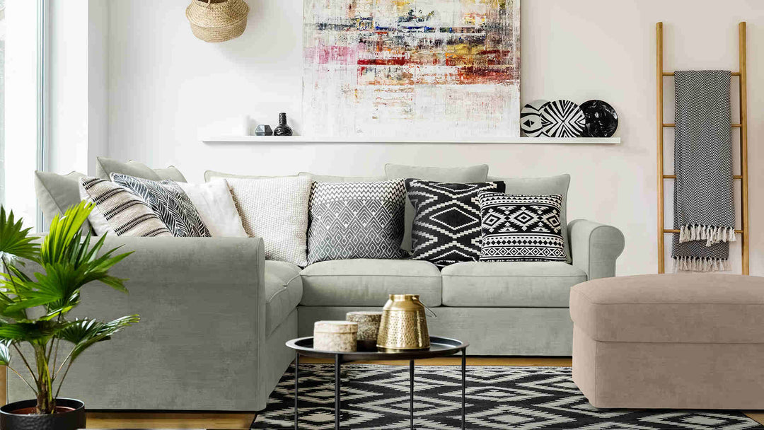 Scandinavian living room with IKEA Gronlid sofa in Performance Weave Stone and Performance Weave Cream slipcover