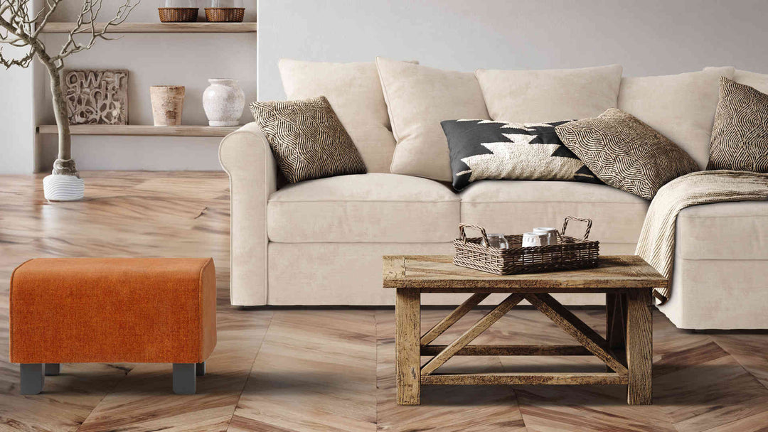 Rustic living room with IKEA Gronlid sofa in Performance Weave Cream and Comfort Chenille Burnt Orange slipcover