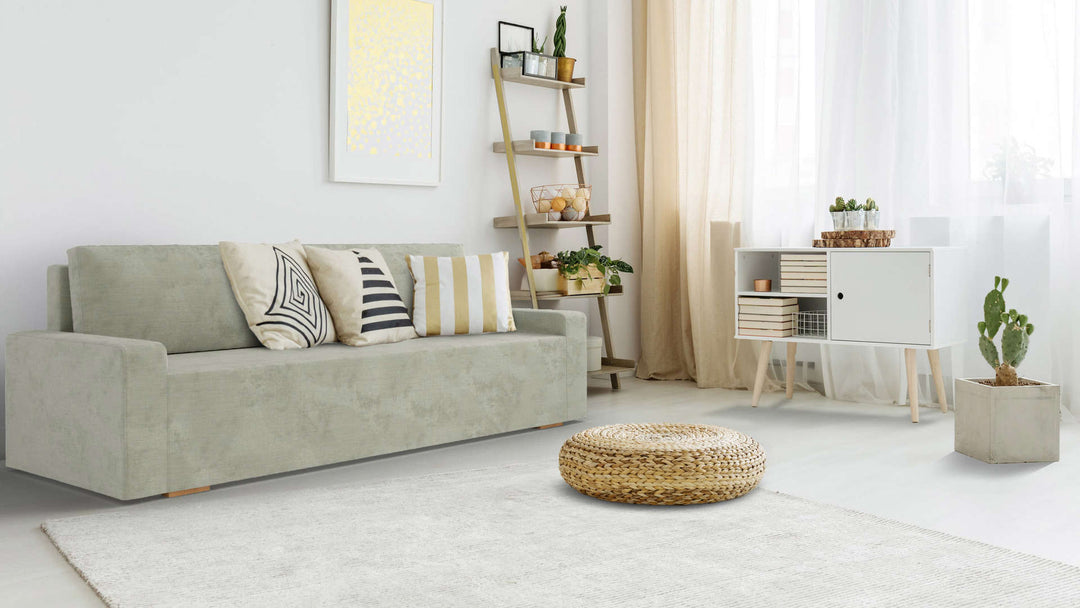 Bohemian living room with IKEA Gralviken sofa in Performance Weave Stone fabric slipcover