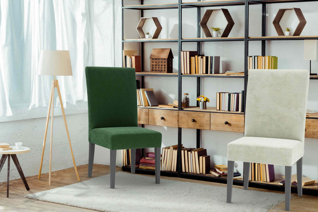 Study room with IKEA Henriksdal sofa in Classic Velvet Forest Green and Performance Weave Stone slipcover