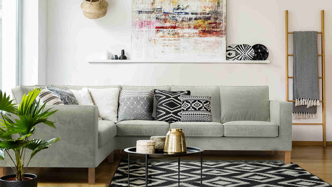Scandinavian living room with IKEA Karlanda sofa in Performance Weave Stone slipcover
