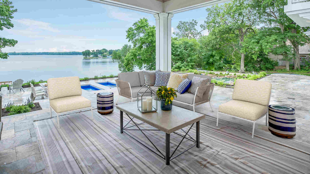 Lake view porch with IKEA Segeron sofa in Sunbrella Fretwork Flax and Performance Canvas Ash slipcover