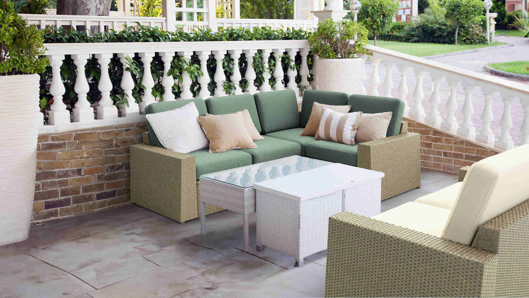 Patio with IKEA Solleron sofa in Performance Tweed Moss and Performance Knit Natural slipcover