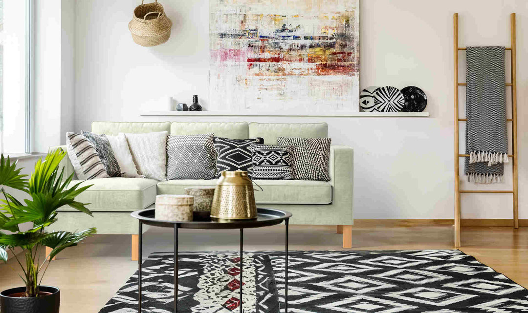 Scandinavian living room with IKEA Karlanda sofa in Performance Weave Stone and Performance Weave Cream slipcover