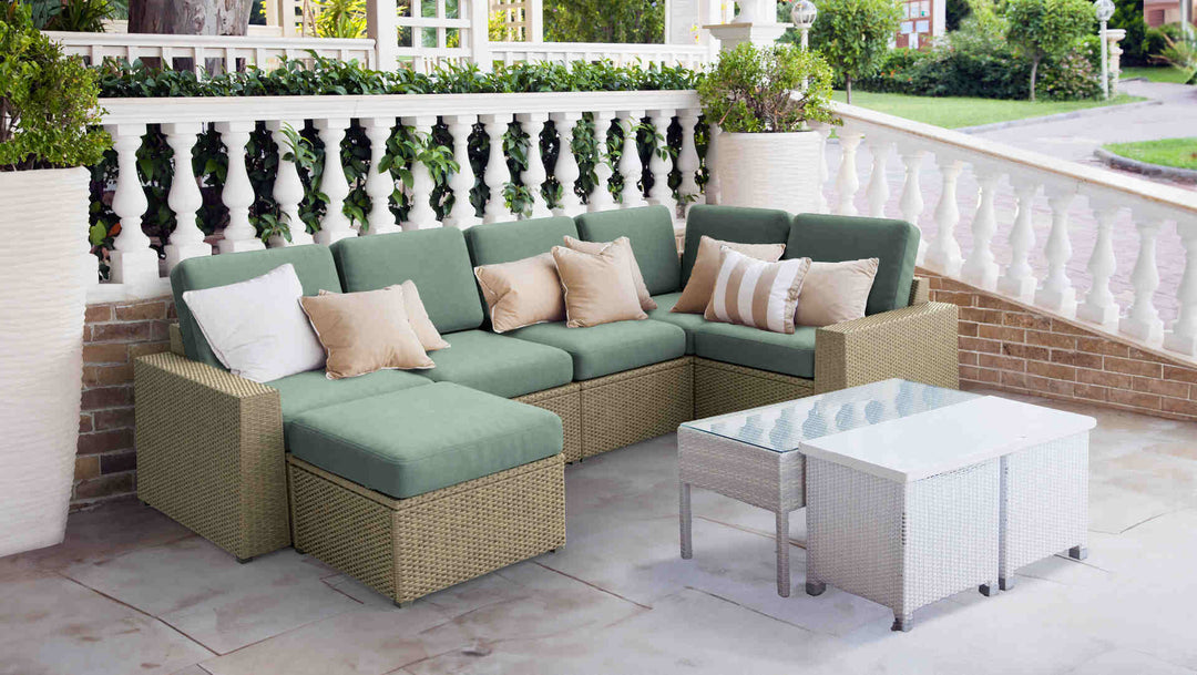 Patio with IKEA Solleron sofa in Performance Tweed Moss fabric slipcover