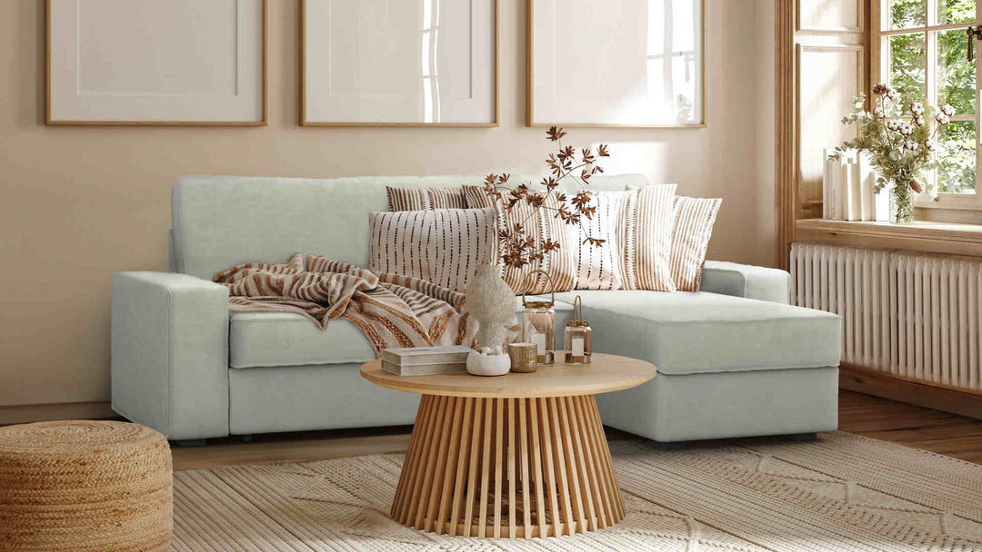 Scandinavian living room with IKEA Vilasund sofa in Performance Weave Stone slipcover