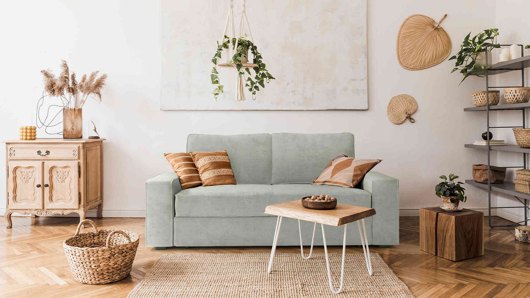 Scandinavian living room with IKEA Vilasund sofa in Performance Weave Stone slipcover