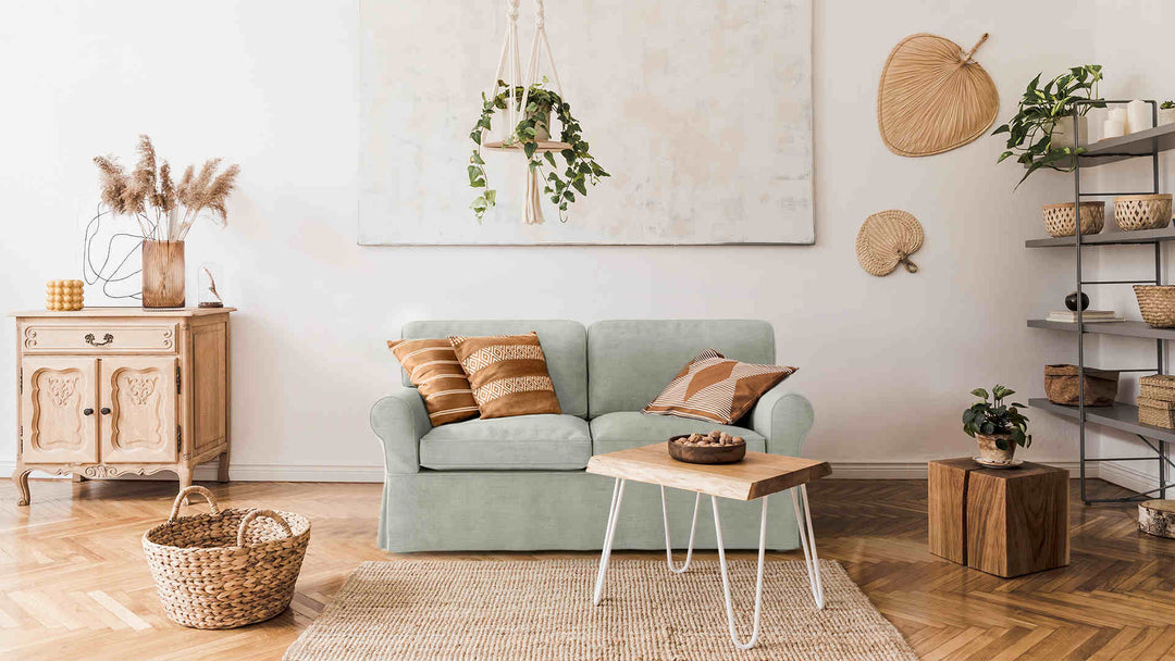 Scandinavian living room with Laura Ashley Padstow sofa in Performance Weave Stone slipcover