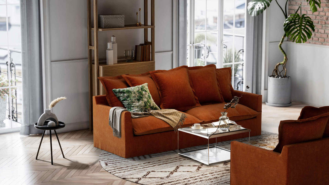 Nordic Minimalist living room with Maison du Monde Barcelone sofa in Comfort Chenille Burnt Orange slipcover