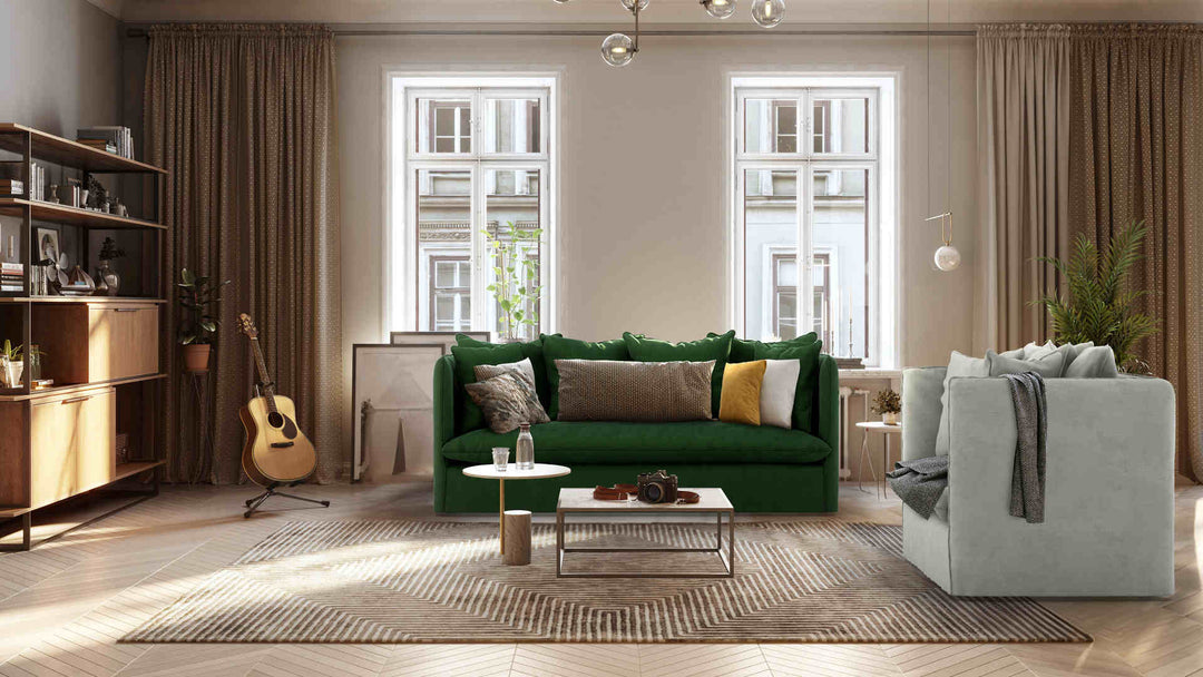 Scandinavian living room with Maison du Monde Louvain sofa in Classic Velvet Forest Green and Performance Weave Stone slipcover