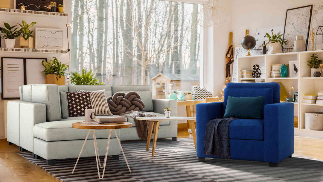 Bohemian living room with Maison du Monde Milano sofa in Performance Weave Stone and Classic Velvet Cobalt slipcover