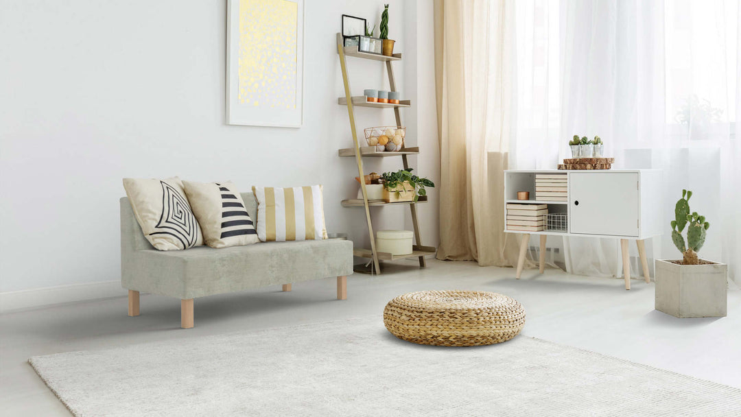 Bohemian living room with Muji Compact Sofa 2004 sofa in Performance Weave Stone fabric slipcover