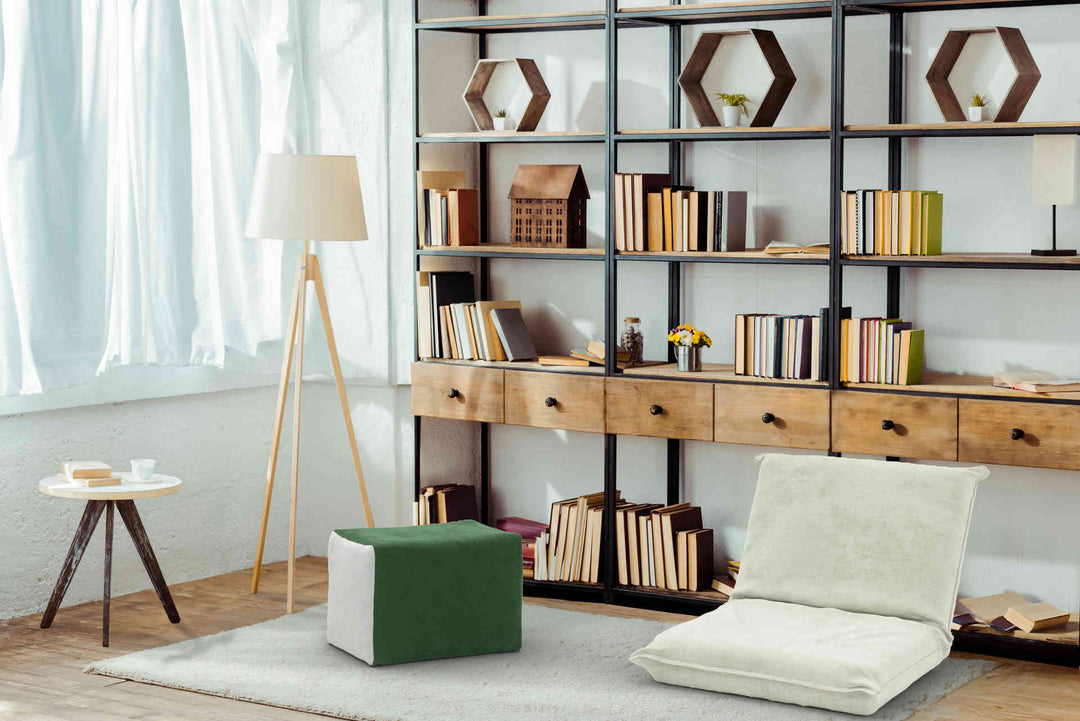 Study room with Muji Floor Chair in Classic Velvet Forest Green and Performance Weave Stone slipcover