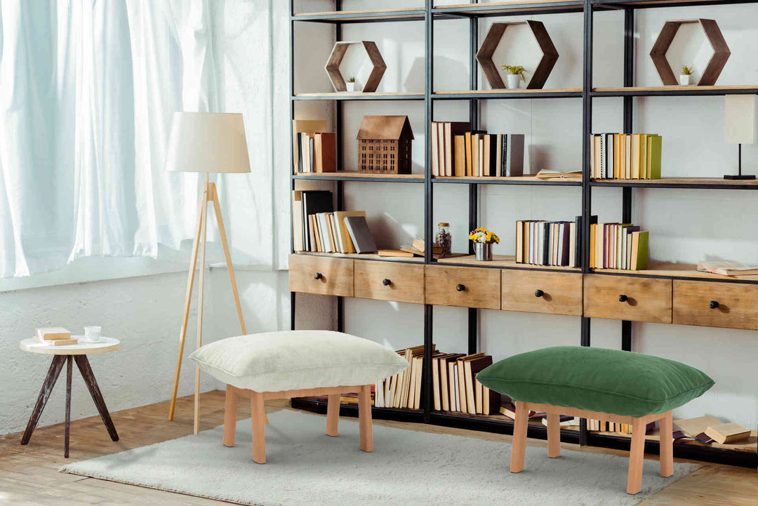 Study room with Muji High Back Reclining sofa in Classic Velvet Forest Green and Performance Weave Stone slipcover
