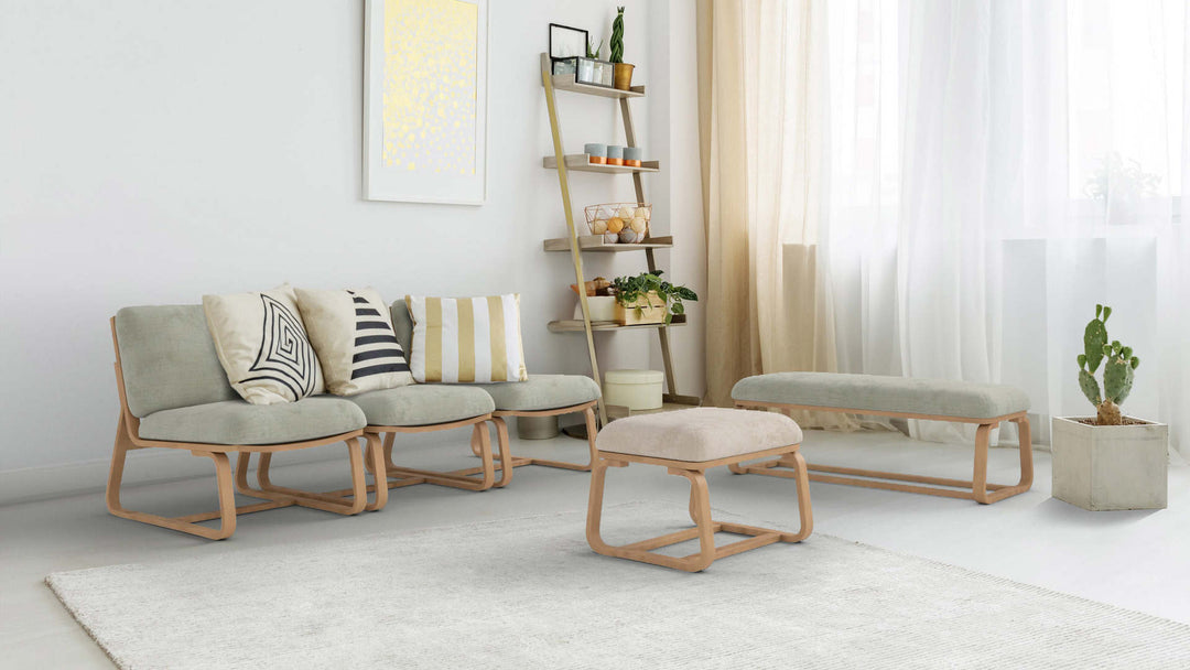 Bohemian living room with Muji Living & Dining Room bench sofa in Performance Weave Stone fabric slipcover