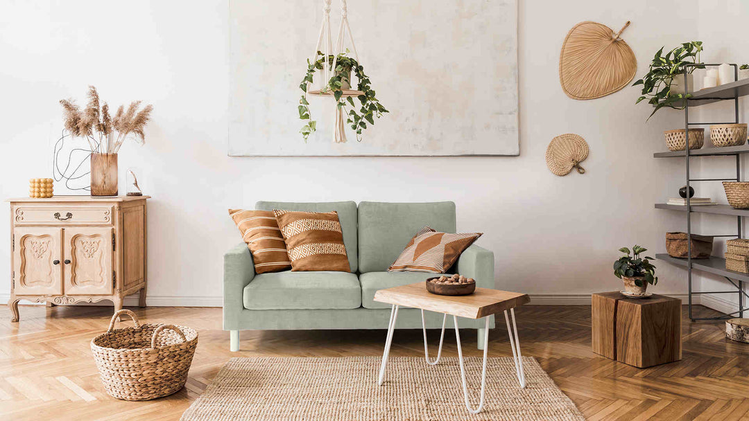 Scandinavian living room with Muji Leather Sofa in Performance Weave Stone slipcover