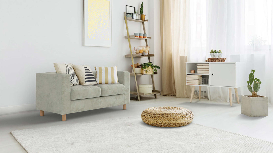 Bohemian living room with Muji Box Sofa in Performance Weave Stone fabric slipcover