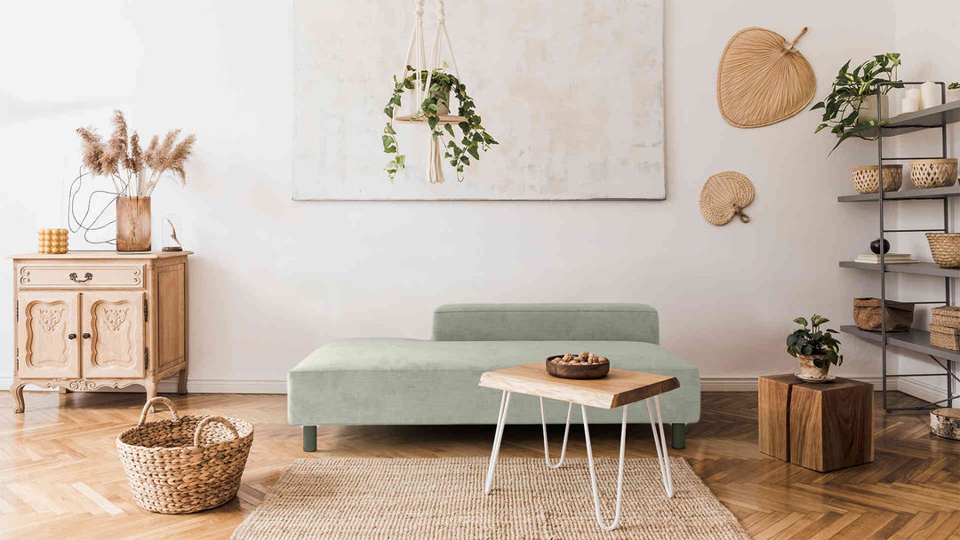Scandinavian living room with Muji Sofa Bench sofa in Performance Weave Stone slipcover
