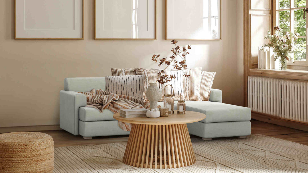 Nordic Minimalist living room with Muji Sectional Sofa in Performance Weave Stone slipcover