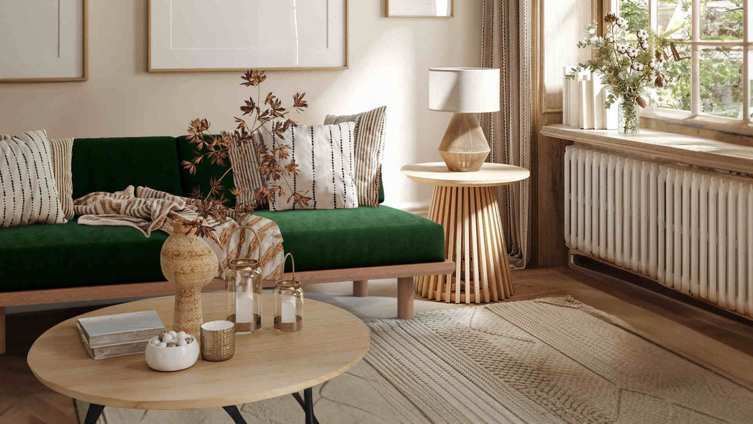 Nordic Minimalist living room with Muji Wooden Sofa Bed in Classic Velvet Forest Green slipcover